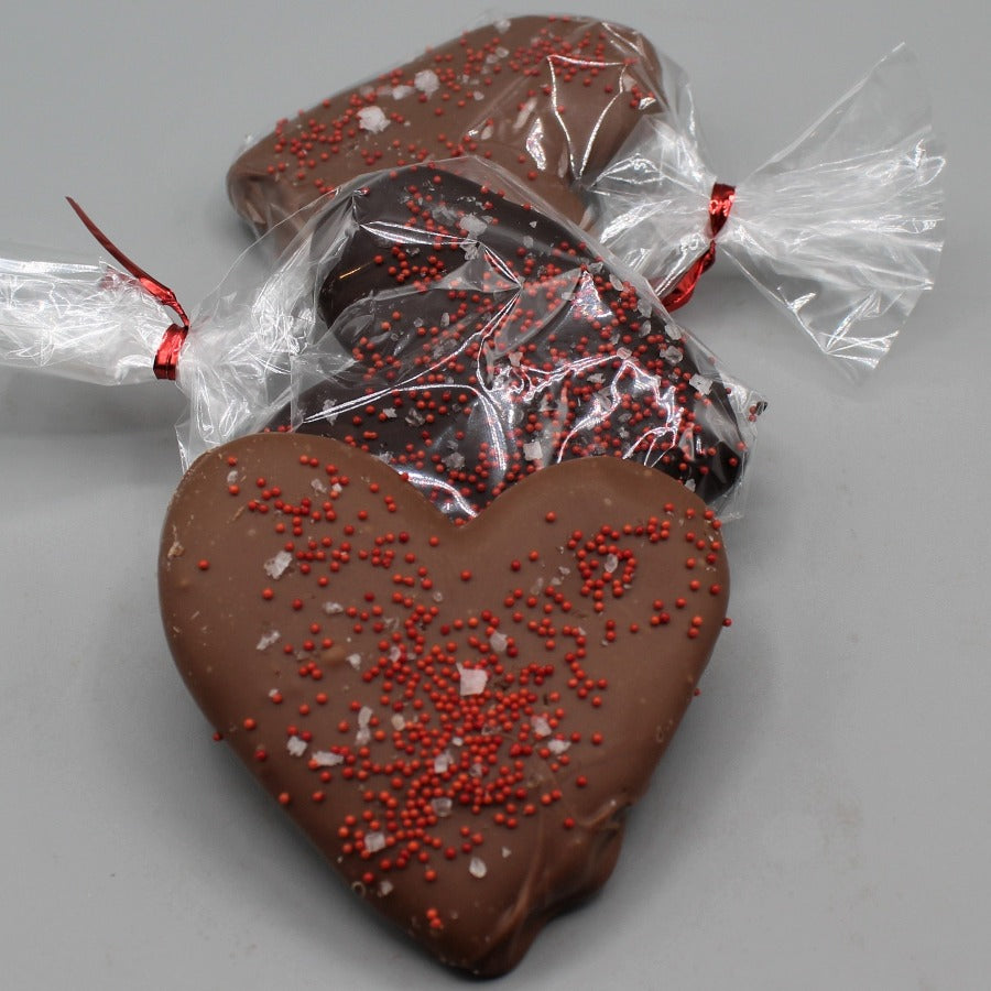 Heart shaped salted caramel dipped in chocolate